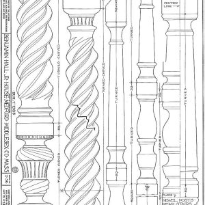 Turned wood newel post and balusters detail drawing