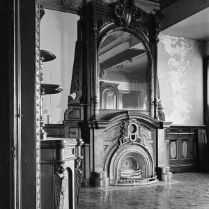 Dining room carved overmantel half round hob fireplace